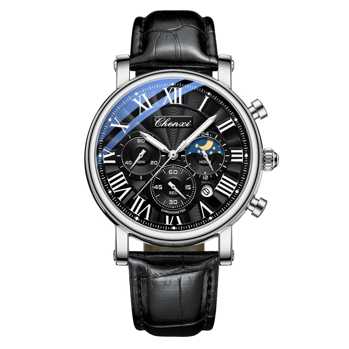 Multifunctional Mens Business Moon Phase Calendar Waterproof Watch